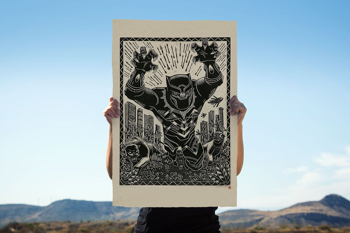 Black Panther Linocut on Lokta Paper Marvel (Art Print)