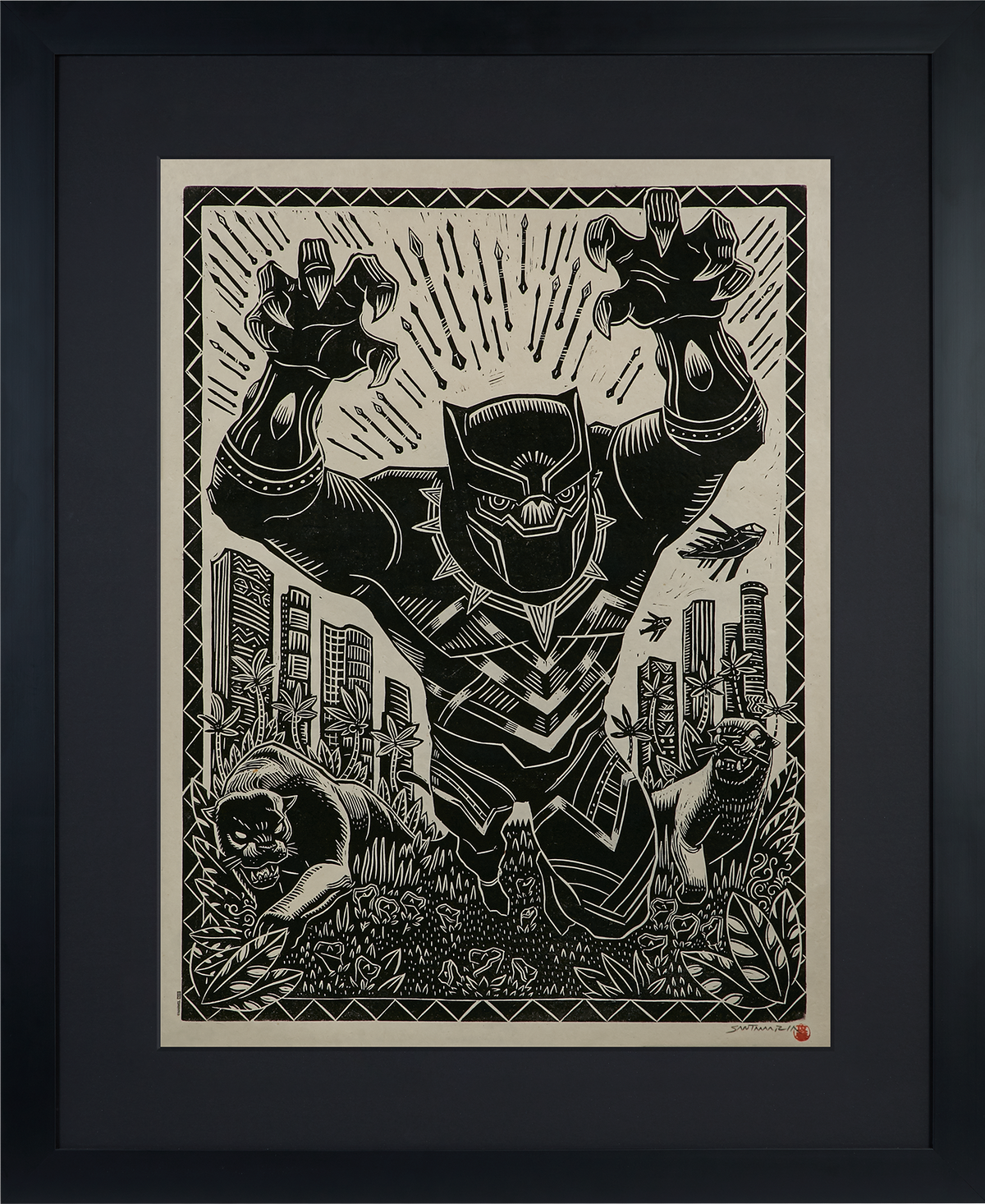 Black Panther Linocut on Lokta Paper Marvel (Art Print)