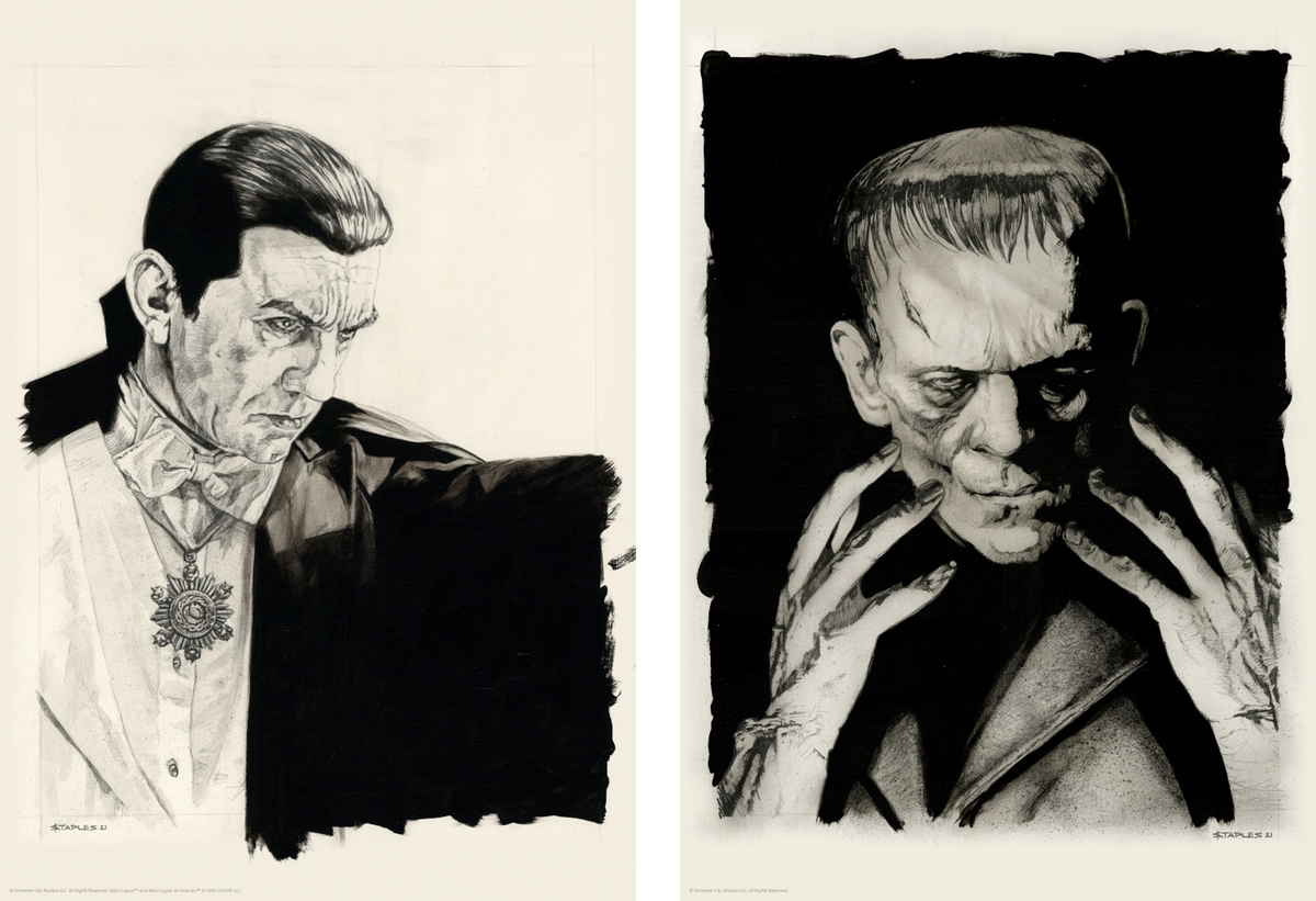 Dracula and Frankenstein Original Portrait Set Universal Monsters Dracula Frankenstein (Art Print)